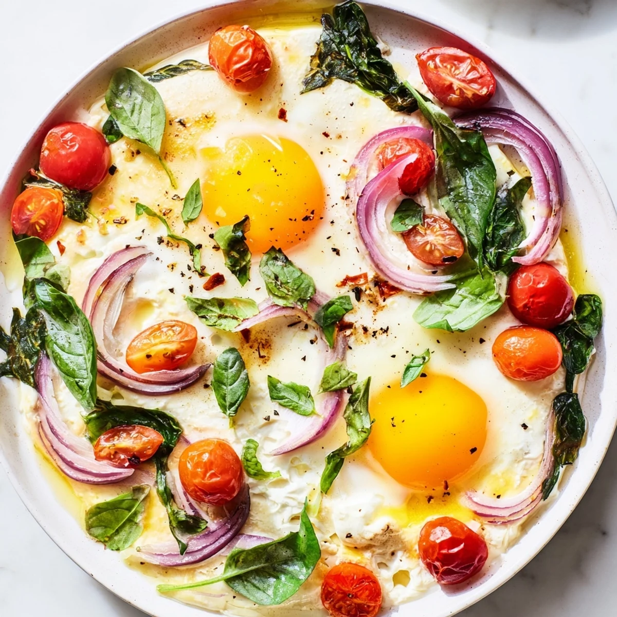Golden-yolked Baked Feta Eggs with bursting tomatoes, herb-flecked, ready to be scooped up.