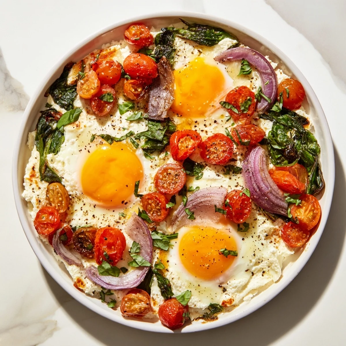 Creamy, bubbling Baked Feta Eggs with spinach and runny yolks, delicious Mediterranean breakfast.