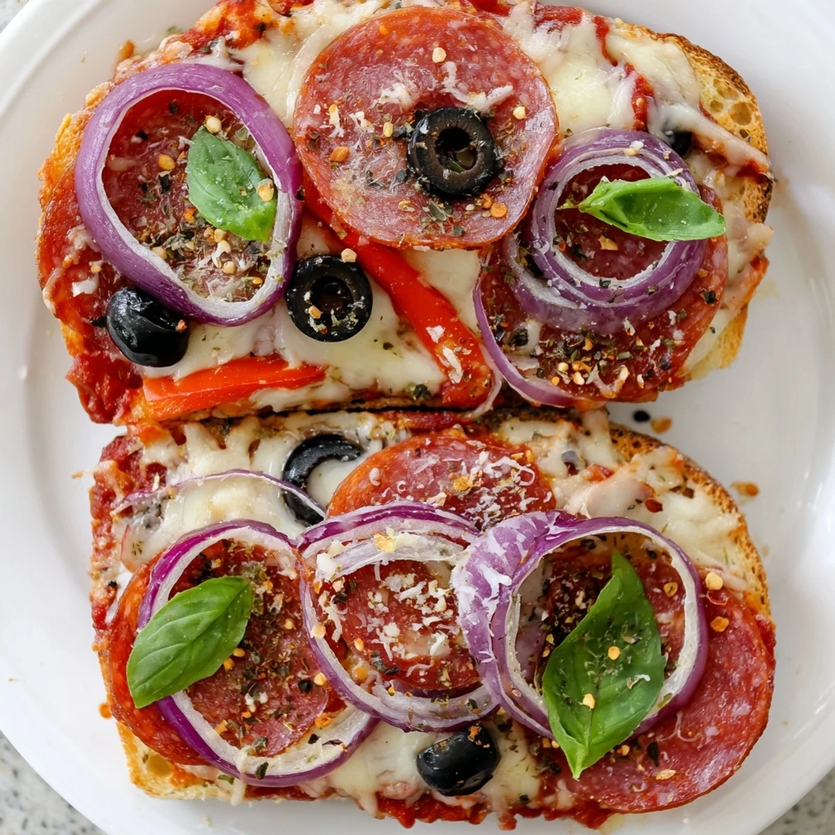 Golden, bubbly Pizza Toast 2.0 with melting mozzarella, pepperoni, and fresh basil leaves, ready to be enjoyed.