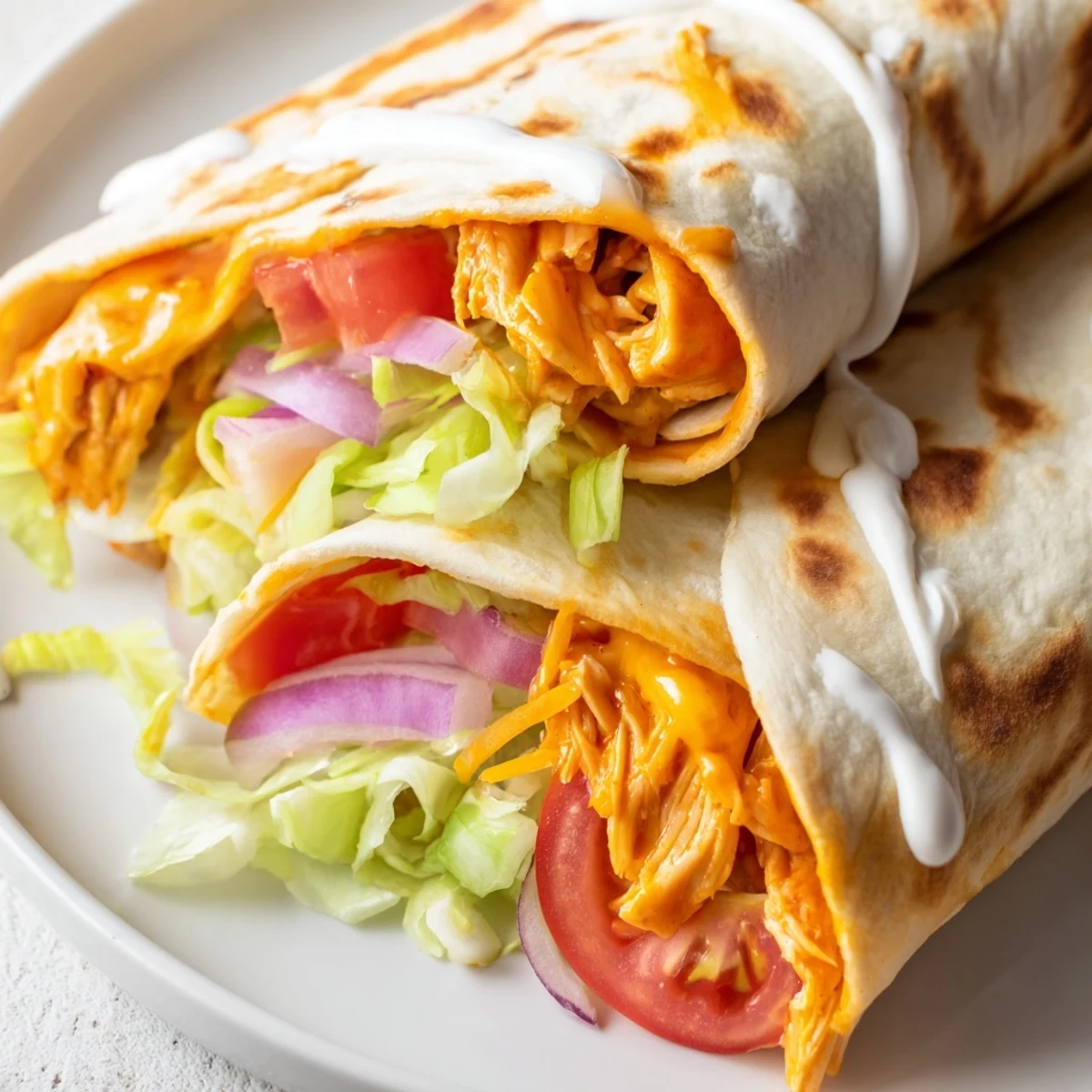 Tender buffalo chicken nestled in a flavorful wrap, ready to enjoy for lunch or dinner.