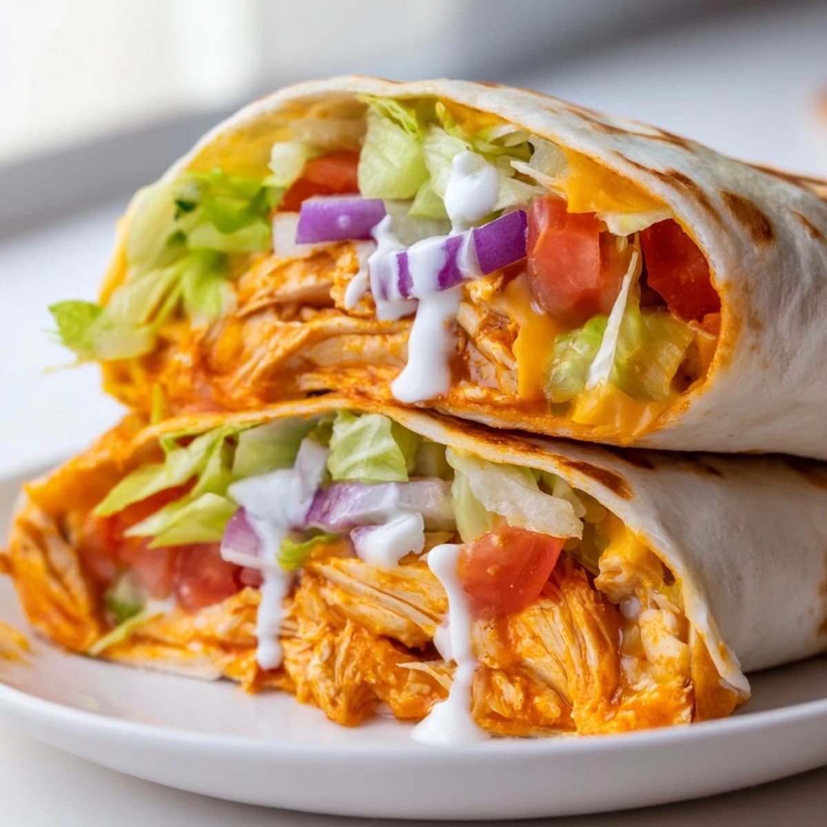 Close-up of a perfectly folded, cheesy Buffalo Chicken Wrap with a ranch drizzle and fresh ingredients.
