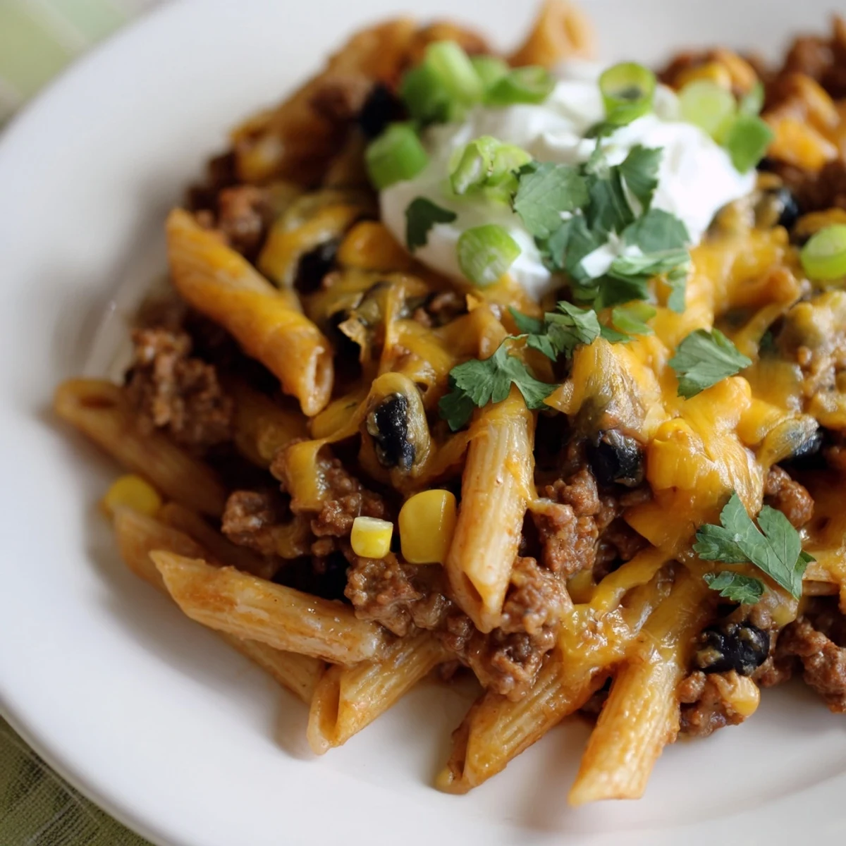 Cheesy Taco Pasta bubbling in a skillet, topped with melted cheese, ready for serving.