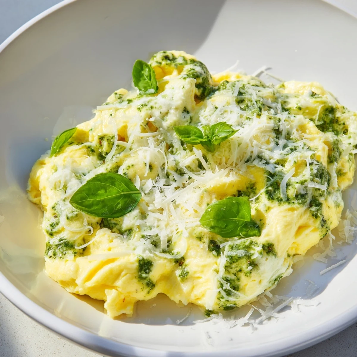 Fluffy Pesto Cottage Cheese Eggs, a vibrant breakfast, garnished with fresh basil and Parmesan cheese.
