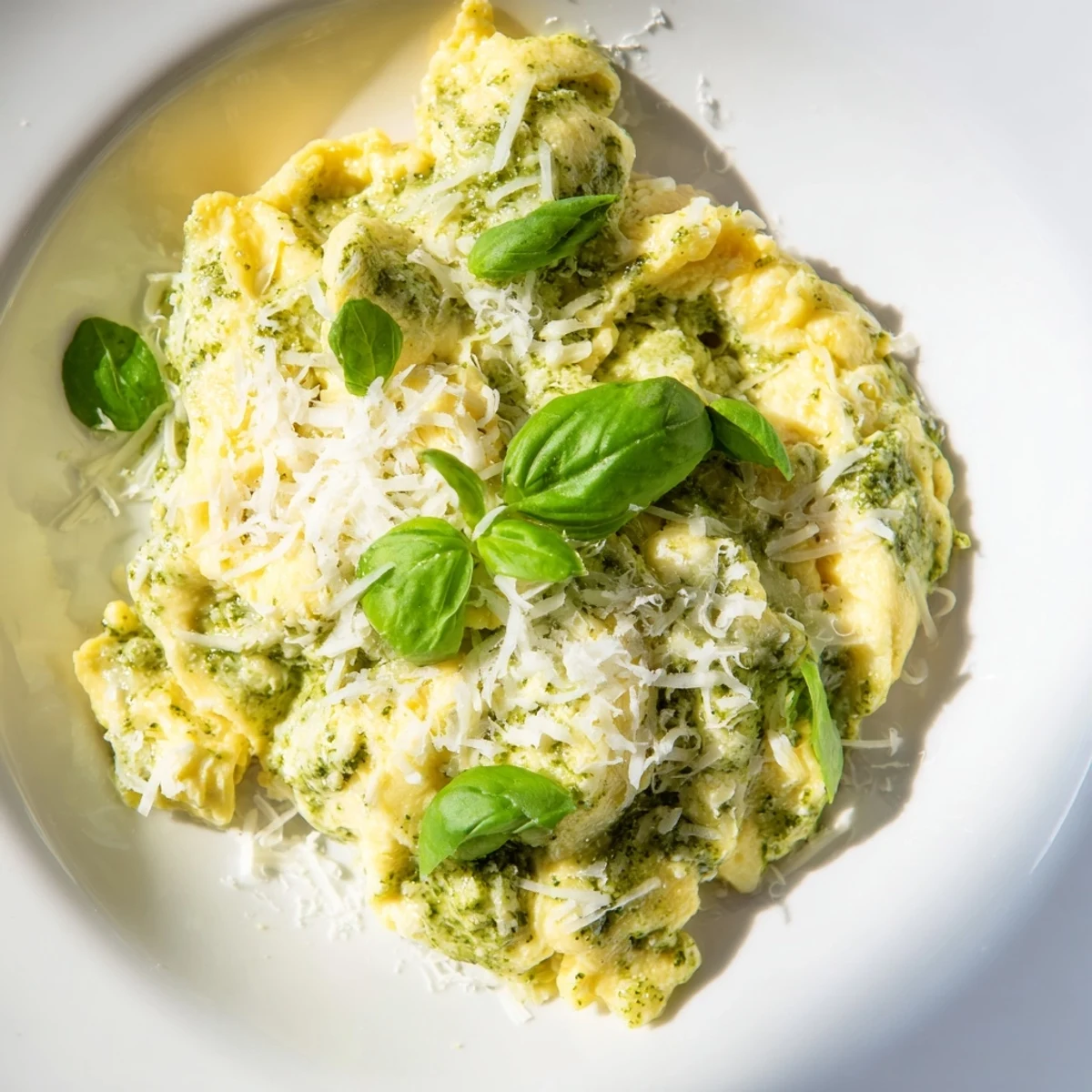 Savory Pesto Cottage Cheese Eggs, with warm, soft scrambled eggs and creamy cottage cheese, ready to enjoy.