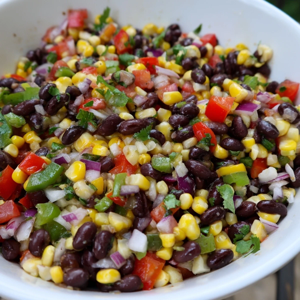 Close-up of a refreshing Cowboy Caviar Salad with a delicious lime vinaigrette glistening on the ingredients.