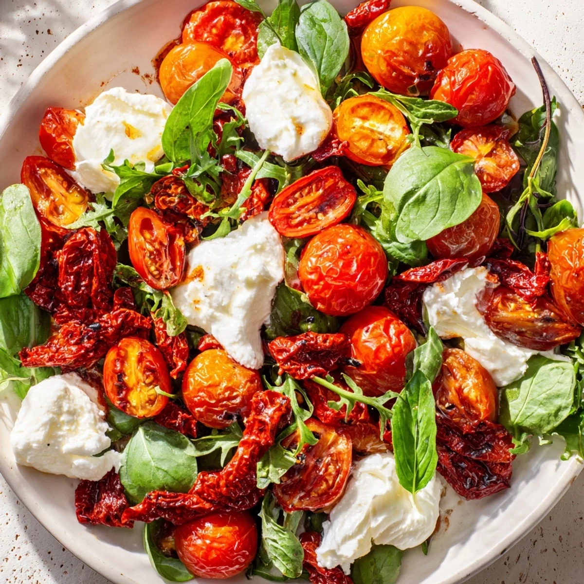 A colorful Tomato Flight Salad with fresh, roasted, and sun-dried tomatoes, plus creamy burrata.