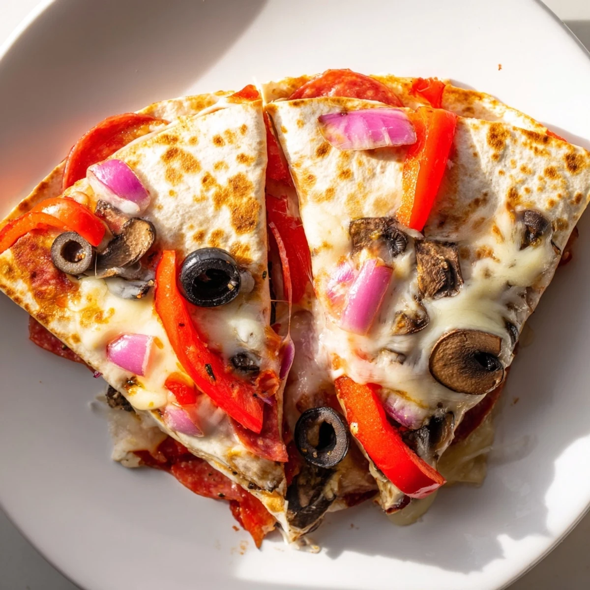 Folded Tortilla Pizza Wrap with melted cheese, pepperoni, and a perfectly golden-brown crust.