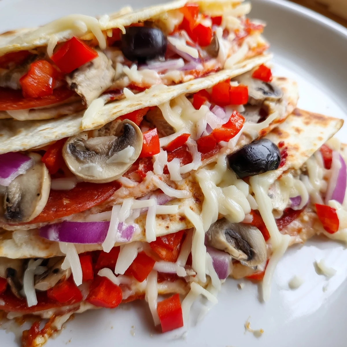 Easy to eat Tortilla Pizza Wrap, with a combination of flavors and ingredients melted inside.
