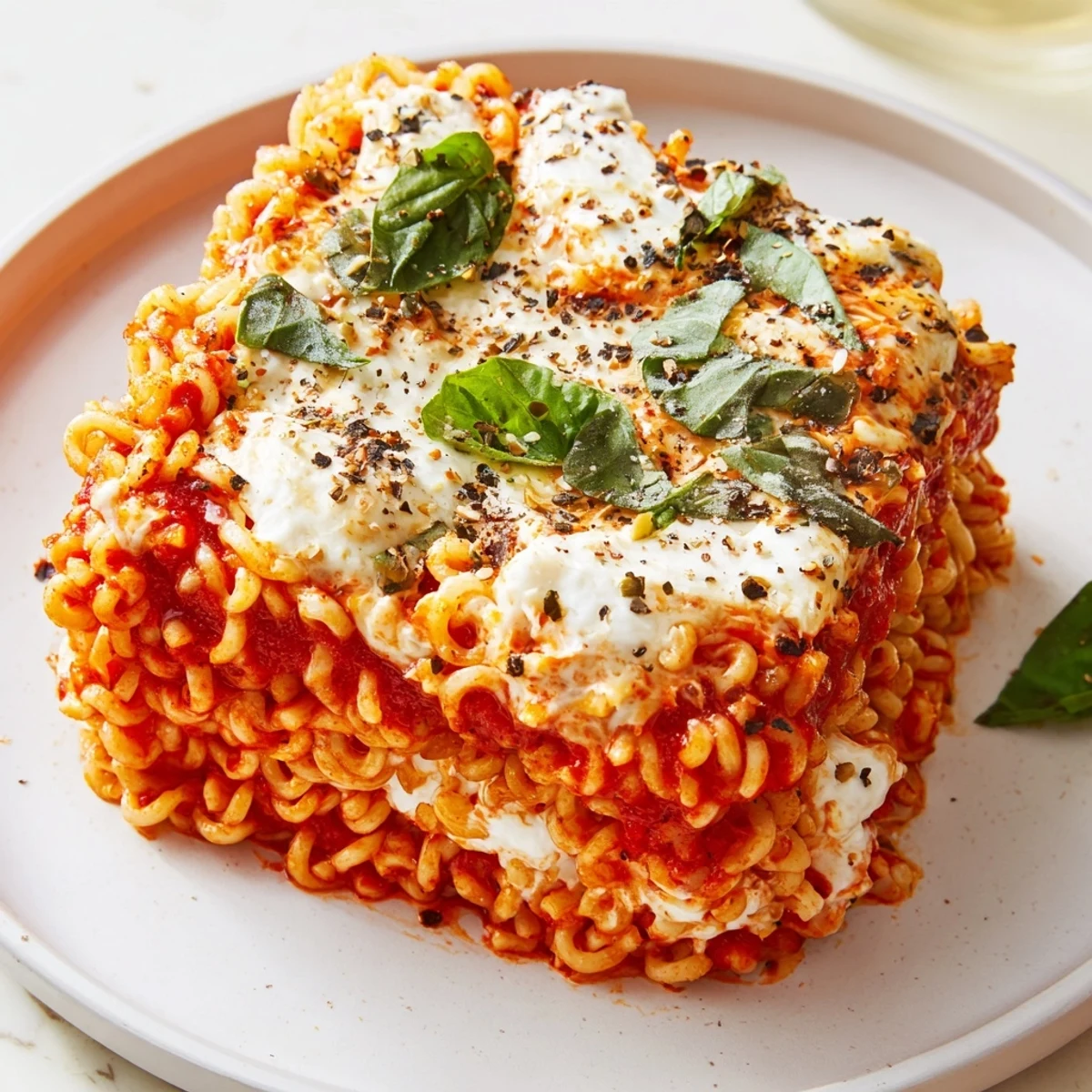 Ramen lasagna bubbling golden brown with melted mozzarella and Parmesan cheese, waiting to be served.