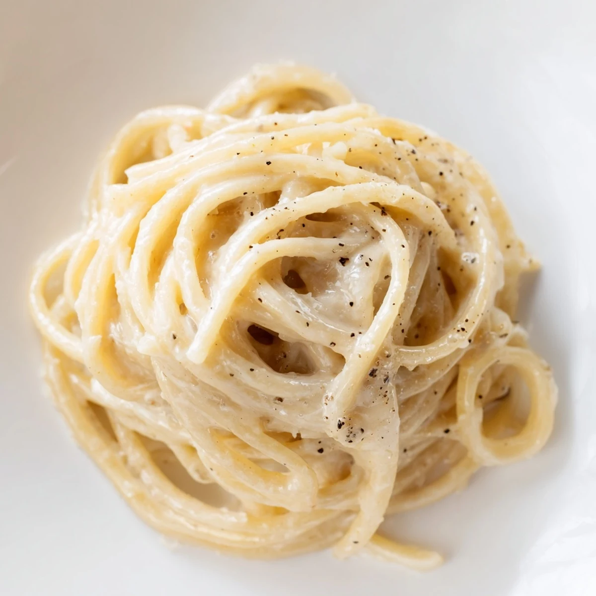 Steaming plate of Lazy Girl Three-Ingredient Pasta, coated in creamy Parmesan and butter sauce.