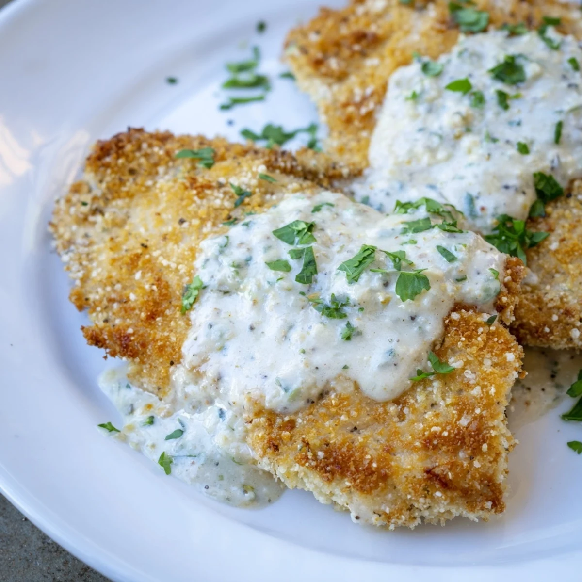 Golden, crispy chicken with garlic cream sauce, a savory and comforting main course dinner.