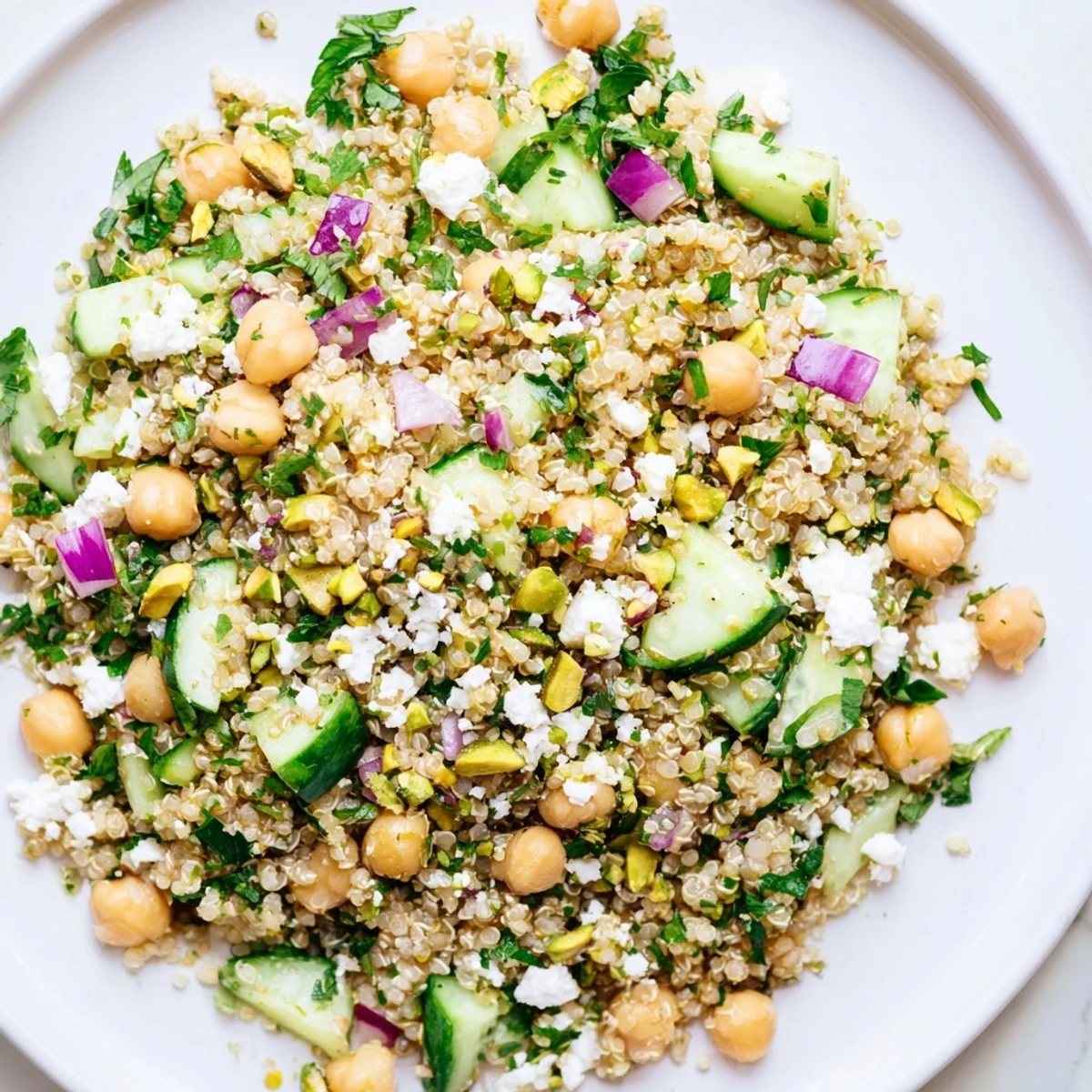Jennifer Aniston Salad, bursting with fresh herbs, feta, and crunchy cucumber, ready to serve.