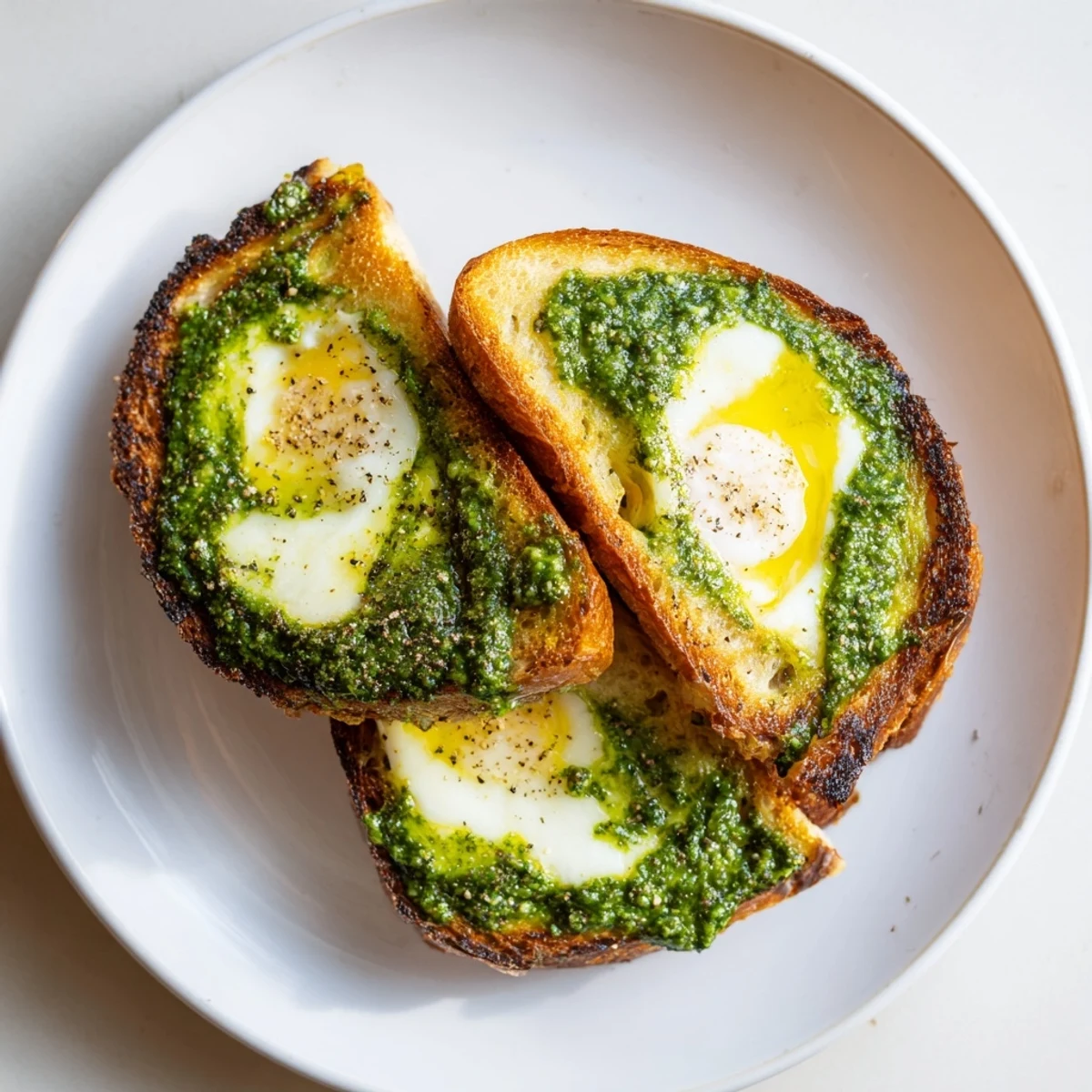 Close up shot of the flavorful Pesto Egg Grilled Cheese, oozing with cheese and delicious pesto-infused egg.