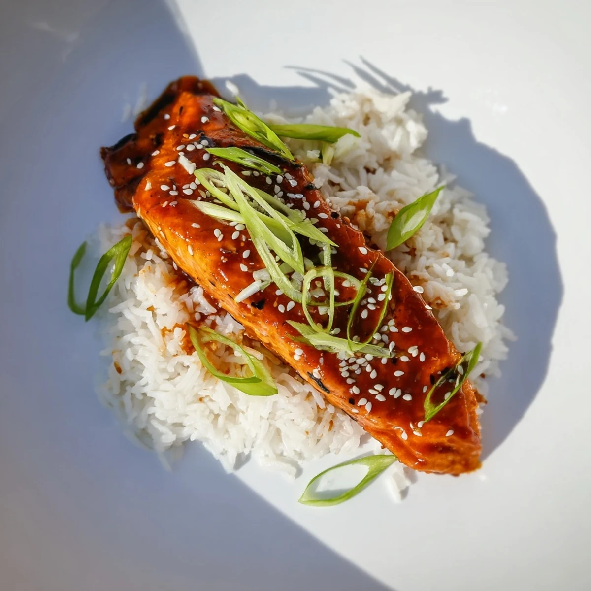 Golden, glazed sticky orange salmon sits atop fluffy rice, ready to enjoy this easy weeknight meal.