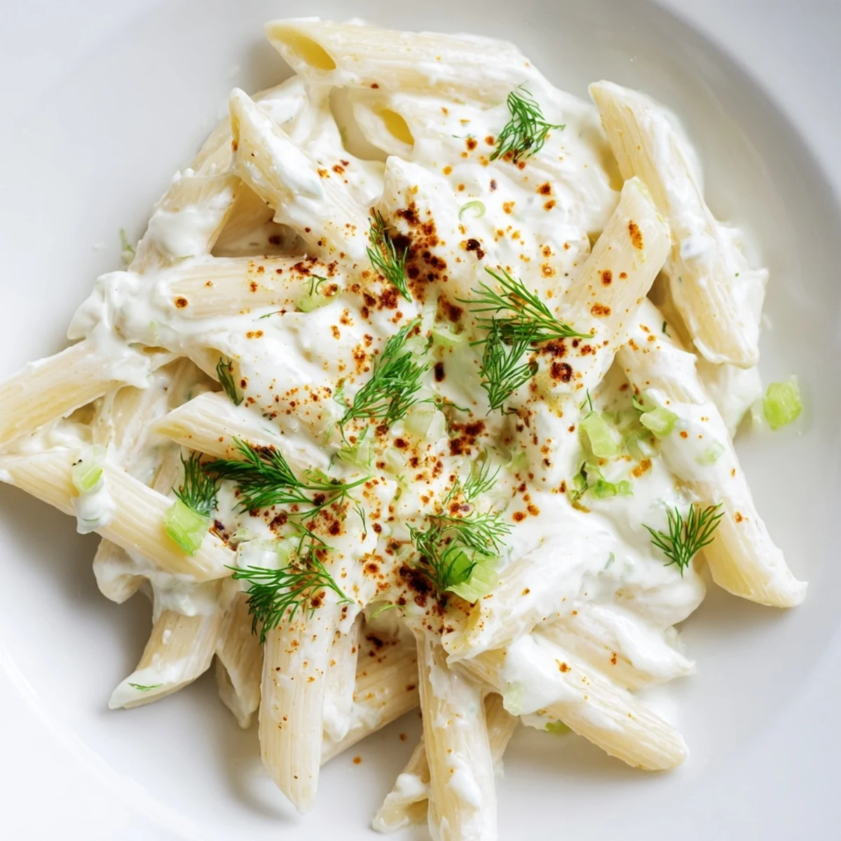 Creamy Turkish Yogurt Pasta, swirled and topped with spiced butter, ready to serve in bowls.