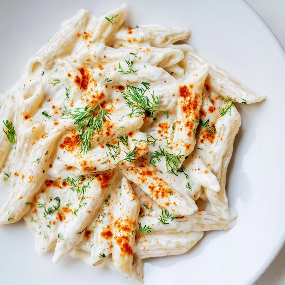Authentic Turkish Yogurt Pasta in a bowl, showcasing the vibrant red paprika butter drizzle.
