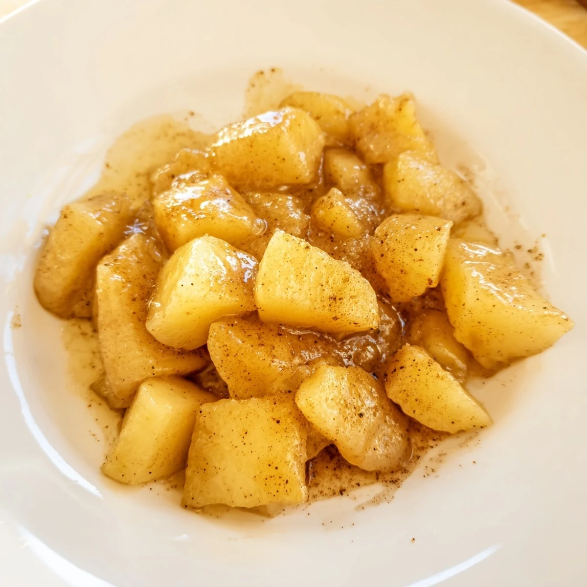 A close-up of Slow Cooker Stewed Apples shows tender, juicy apples perfect for a gluten-free dessert topping.