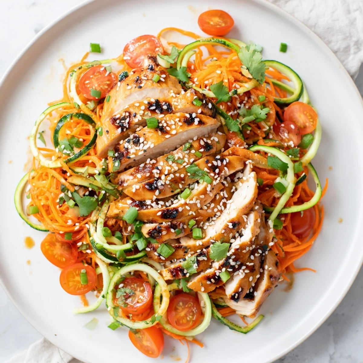 A close-up of vibrant Protein Cucumber Salad with grilled chicken, showing fresh ingredients and sesame dressing.