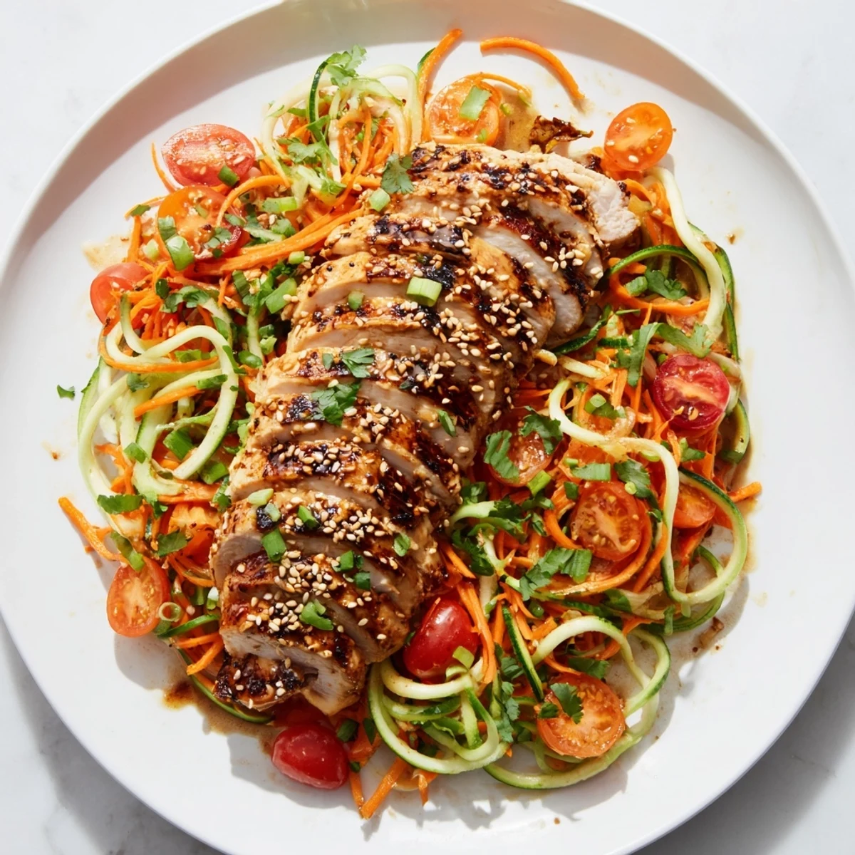 This beautiful Protein Cucumber Salad features tender chicken atop spiralized cucumbers, ready to be enjoyed.