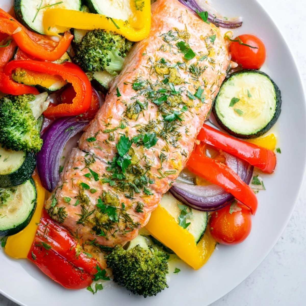 Golden-brown salmon fillets with vibrant roasted vegetables from a delicious sheet pan bake.