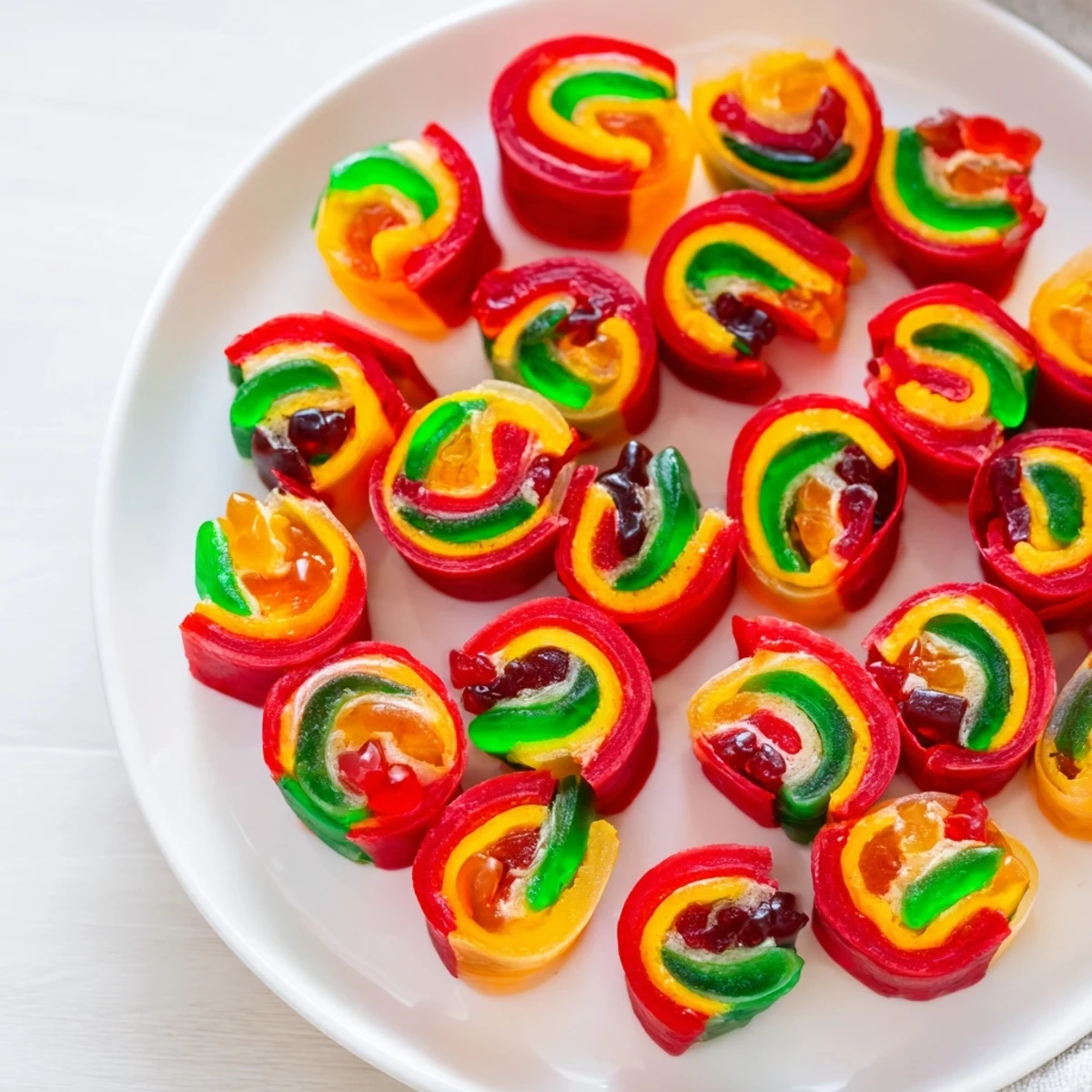 Rainbow Candy Roll Ups, vibrant pinwheels showcasing colorful fruit roll-ups and a gummy candy filling.