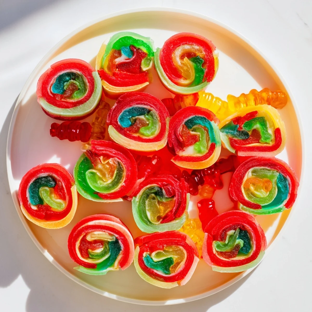 Gummy candies gleam inside the rolled up Rainbow Candy Roll Ups, ready to enjoy as a sweet treat.