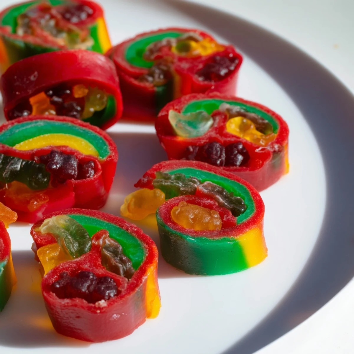Close-up of freshly sliced Rainbow Candy Roll Ups, revealing the delicious gummy candy filled centers.