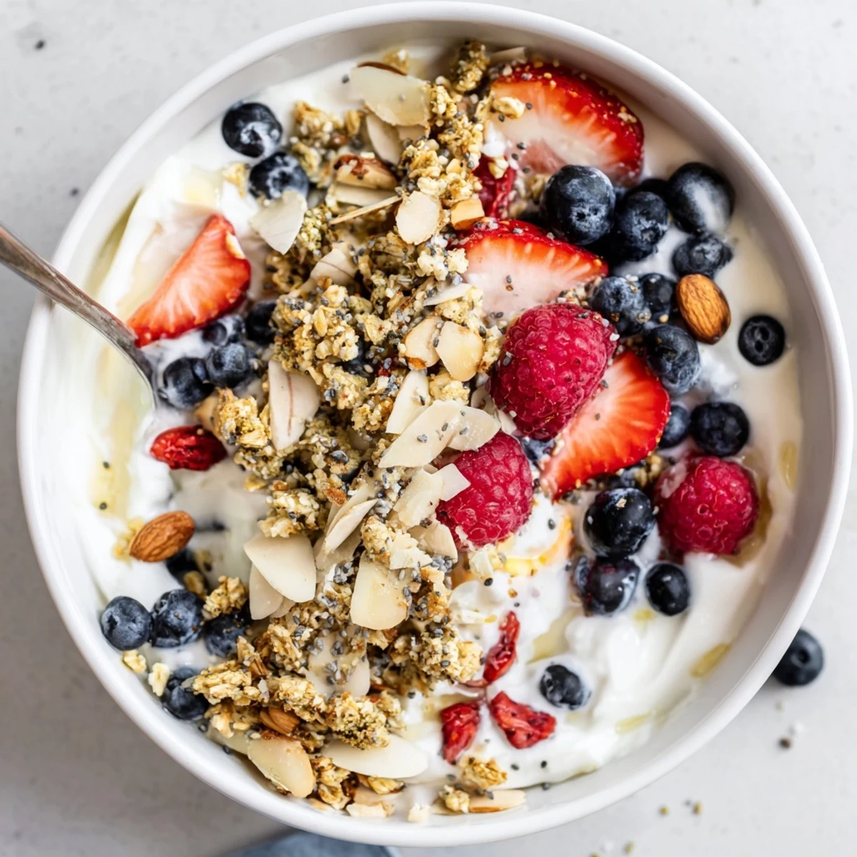 Dry Yogurt Bowl with vibrant berries and crunchy granola, a quick, protein-packed breakfast.