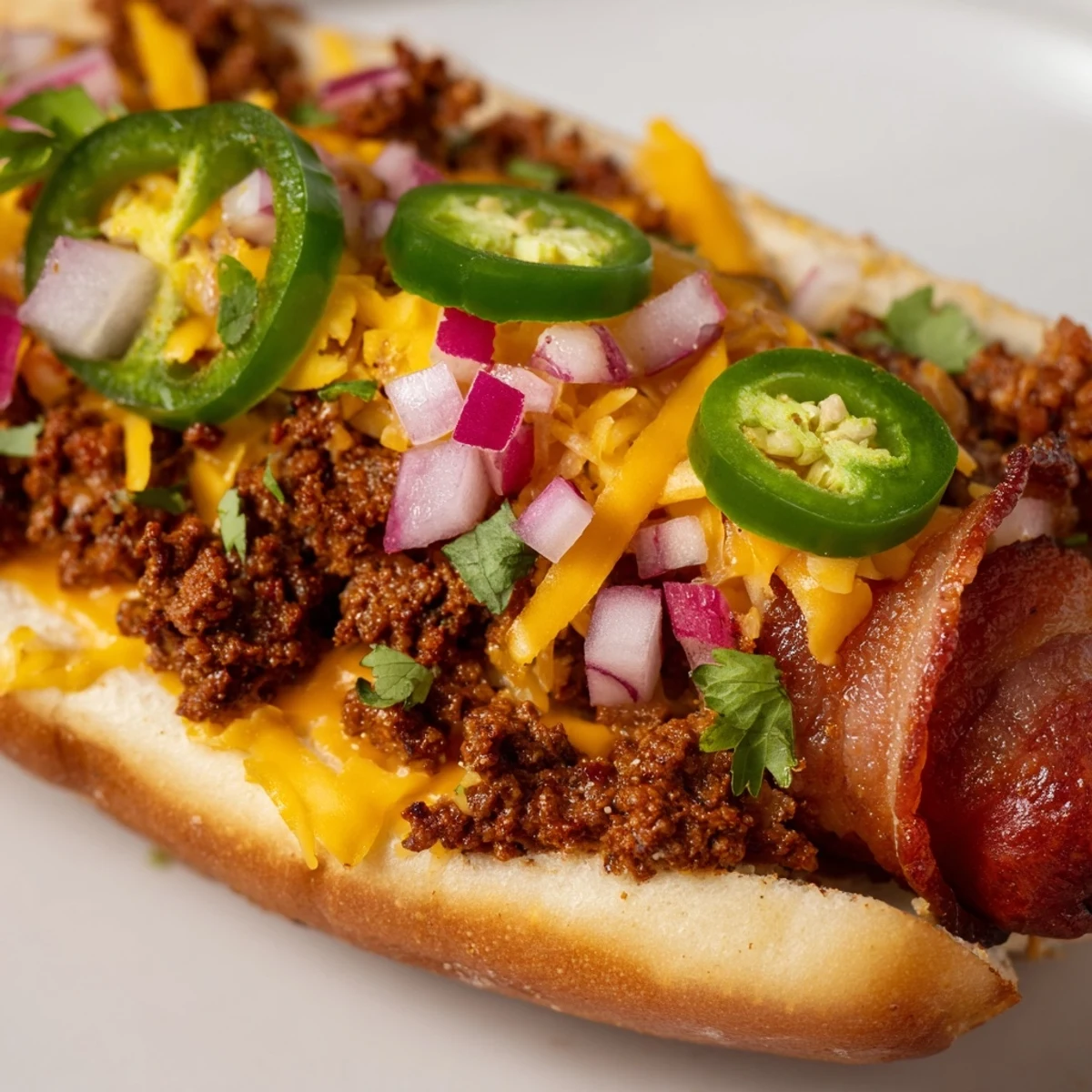 Mexican hot dogs, sizzling on the grill, a delicious blend of bacon and spicy toppings.