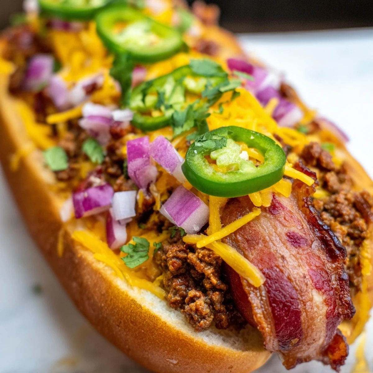 Mouthwatering Mexican hot dogs, featuring ground beef, crispy bacon, and flavorful jalapeños in a bun.