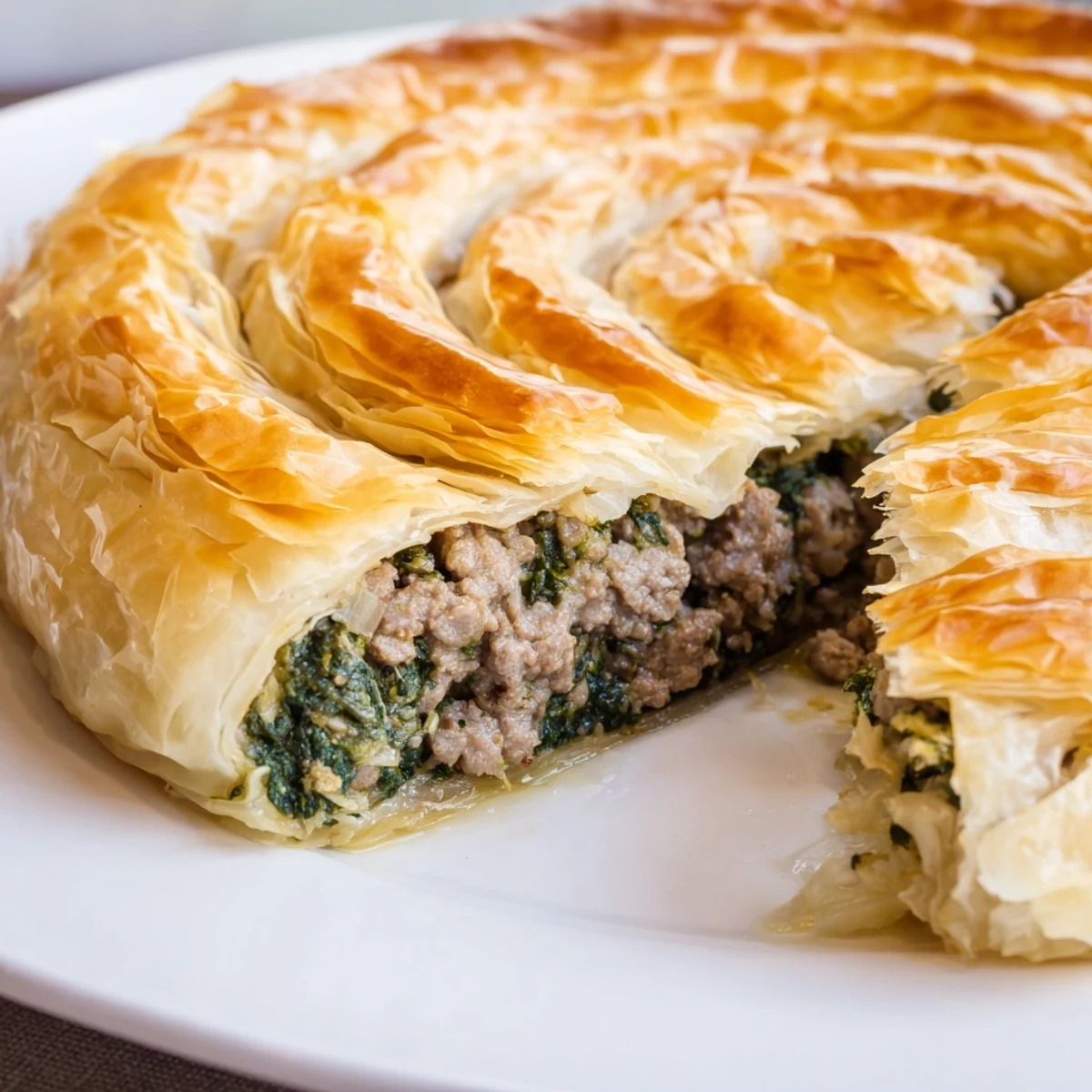 Flaky layers of Bosnian Burek are visible, with a rich, seasoned meat filling oozing inside golden crust.