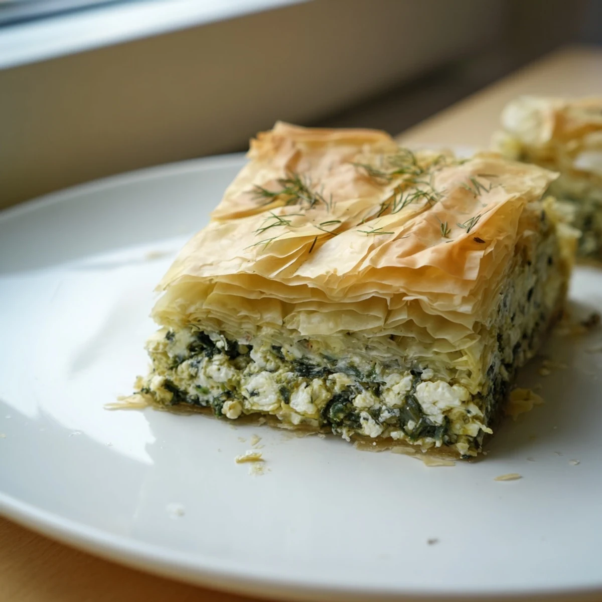 Enjoy a slice of homemade Greek spanakopita, a vegetarian delight with a flavorful spinach-feta center.