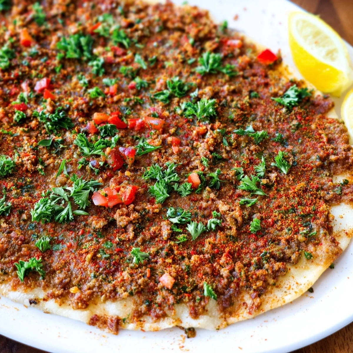 Crispy-edged Turkish Lahmacun flatbread, featuring a vibrant spiced minced meat topping, ready to enjoy.