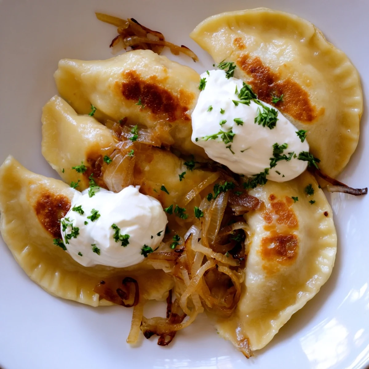 Golden-brown Polish pierogi dumplings, filled with cheese and potatoes, ready to be enjoyed.