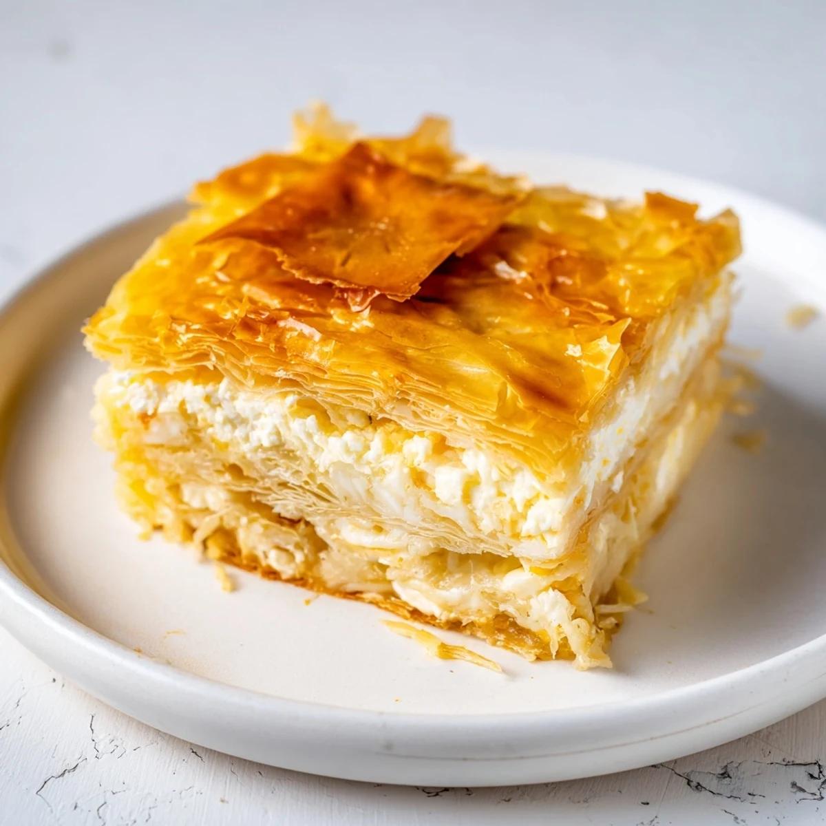 Golden, flaky Serbian Gibanica pie offers a comforting taste of Balkan cuisine, ready to eat.