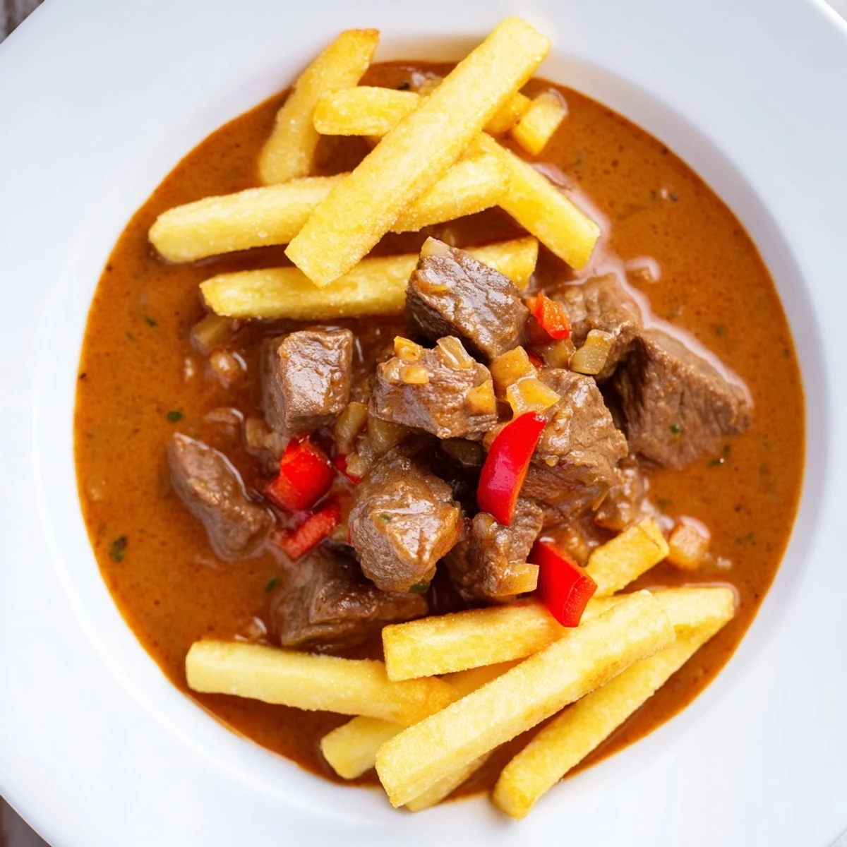 Tender beef chunks in a rich paprika sauce, served with crispy potato strips in this Czech Goulash.