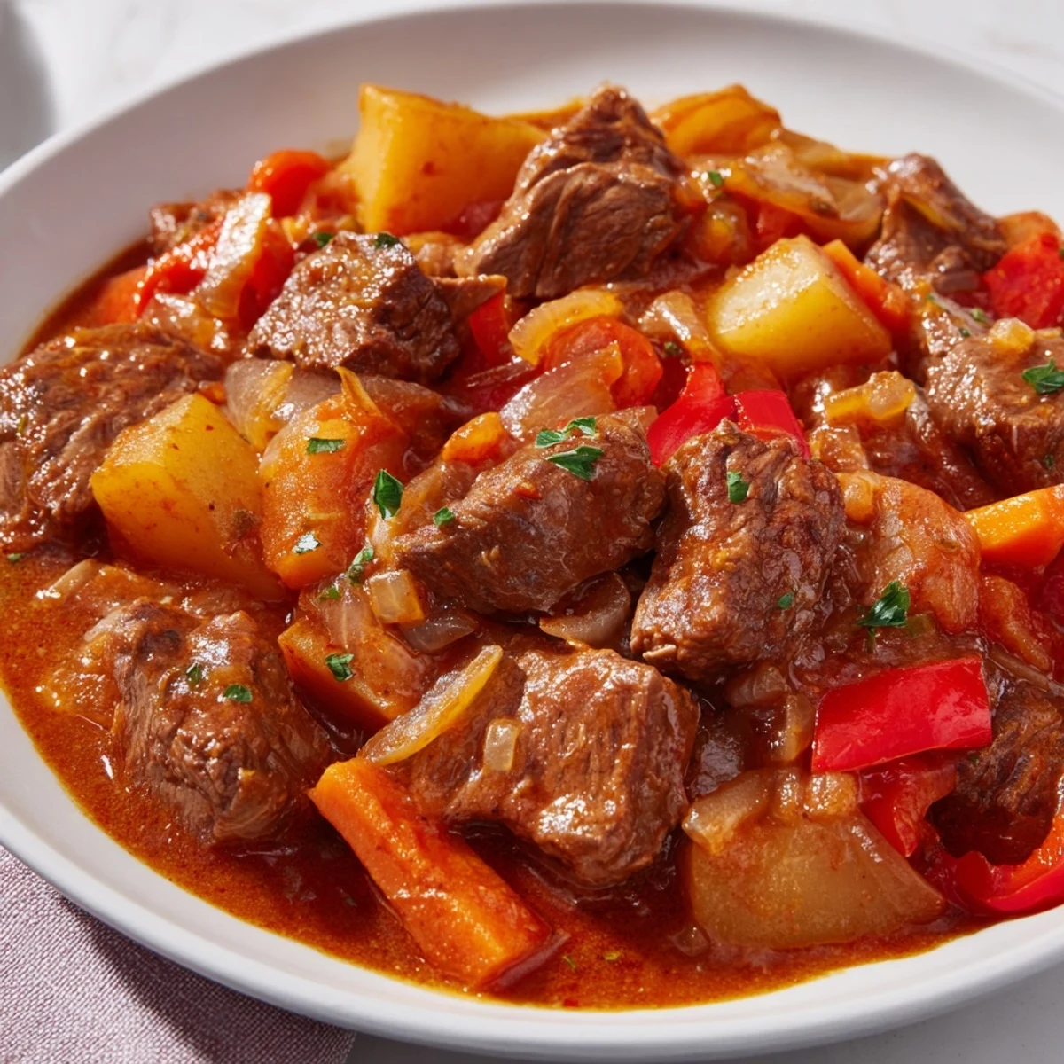 A steaming bowl of Hungarian Goulash Stew, showcasing tender beef and vibrant vegetables.
