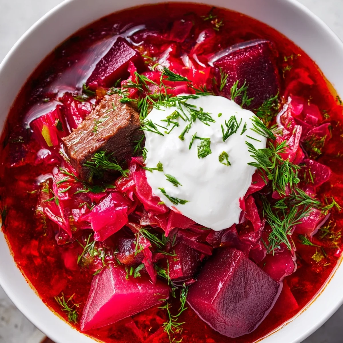 Steaming Ukrainian borscht soup, a hearty bowl with tender beef, vibrant beets, and creamy sour cream.