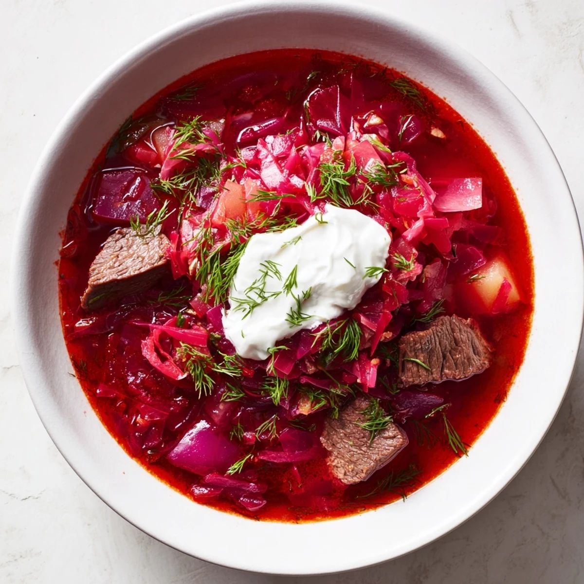 A close-up shot of rich Ukrainian borscht, showcasing the deep red color and savory broth perfectly.