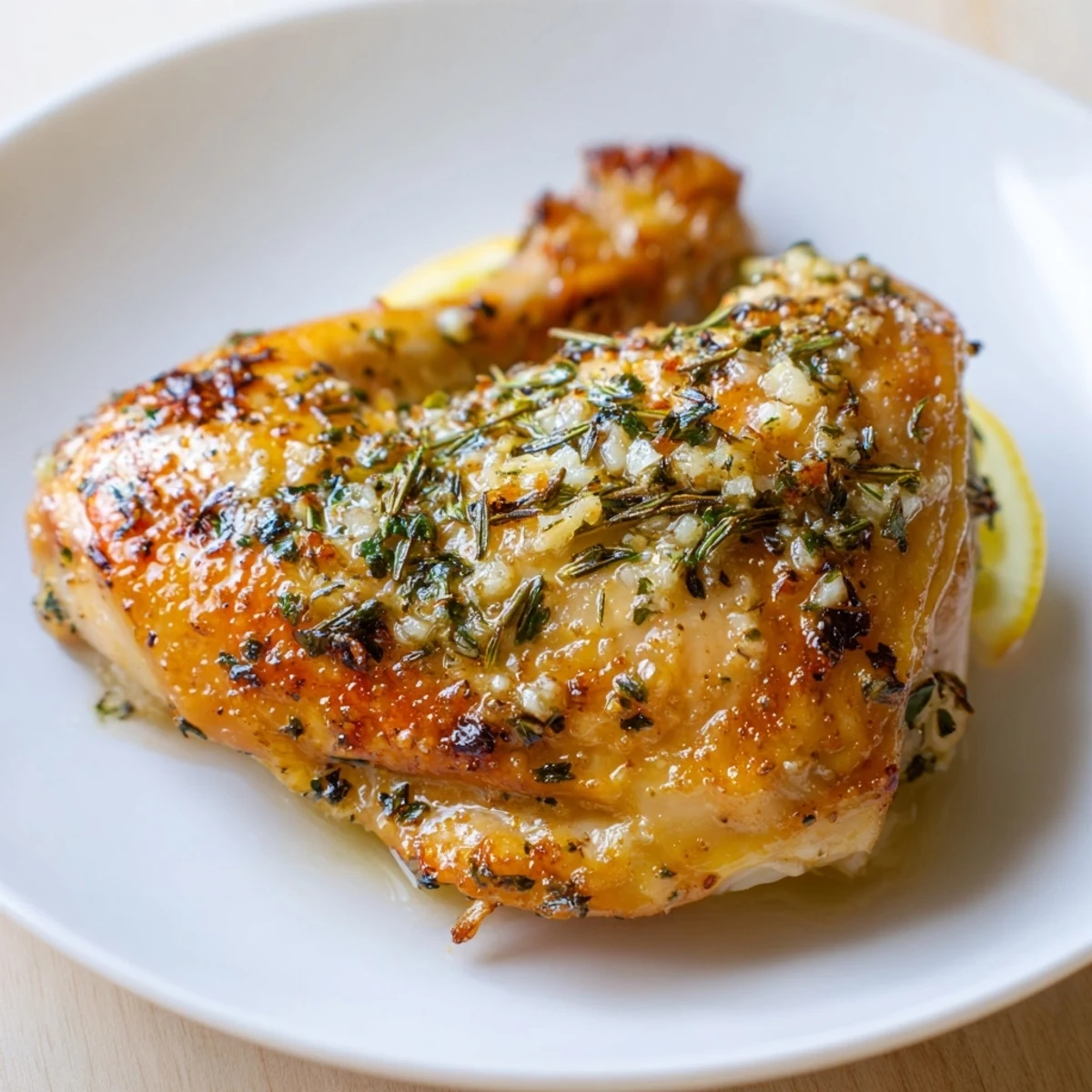 Golden-brown roasted garlic butter chicken thighs arranged in a skillet with fresh herbs and lemon wedges for a flavorful main dish.