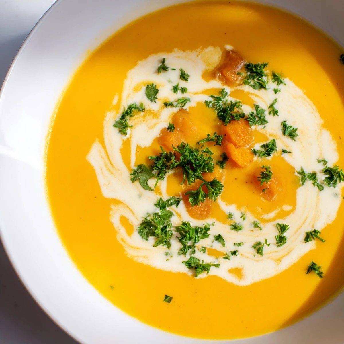 Vibrant orange roasted carrot soup with ginger and cream swirled on top, served in a rustic bowl.