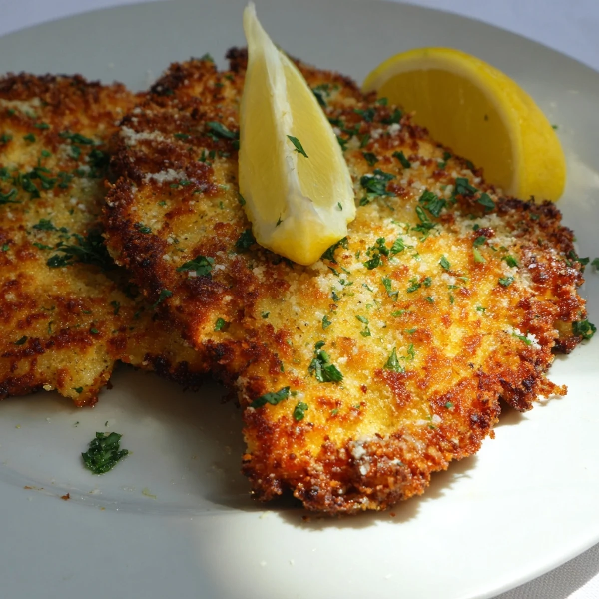Golden-brown Crispy Parmesan Chicken Cutlet rests on a white plate, garnished with fresh parsley and lemon wedges for a zesty finish.