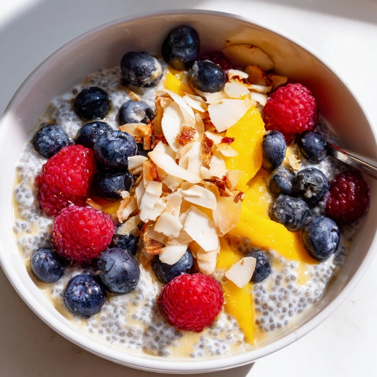 A jar of chia seed pudding layered with fresh mixed berries and a sprinkle of toasted coconut flakes.  