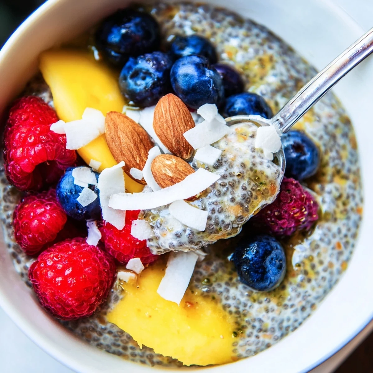 Enjoy this gluten-free chia seed pudding topped with mango slices and nuts for a vibrant, nutritious dessert.