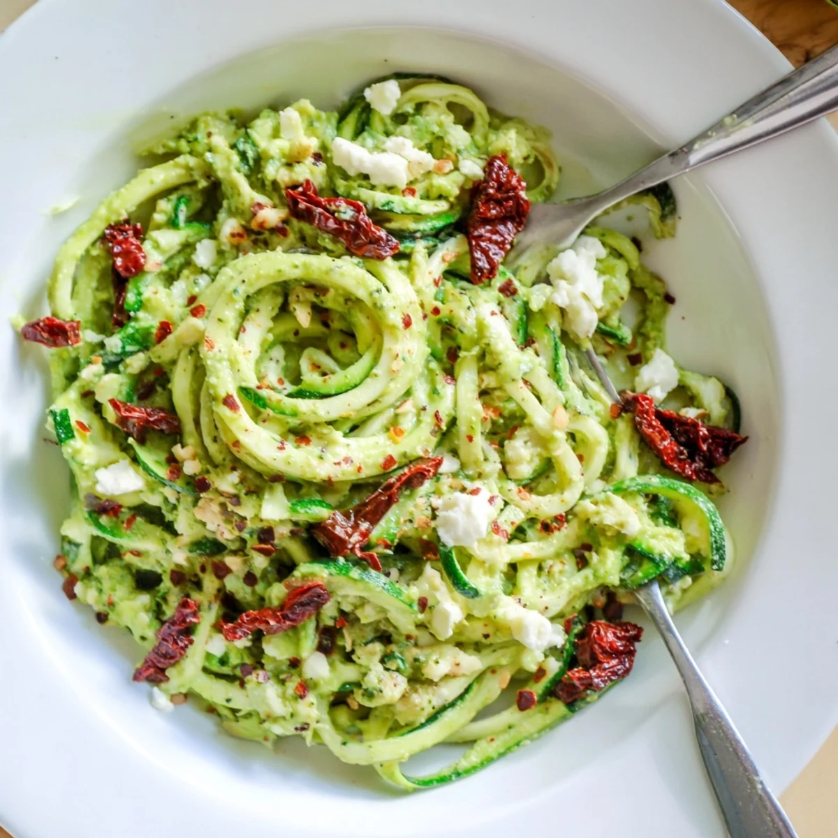 Bright green zucchini noodles twirled on a white plate, tossed with a vibrant tomato basil sauce and garnished with fresh basil leaves, perfect for a light, gluten-free weeknight dinner.