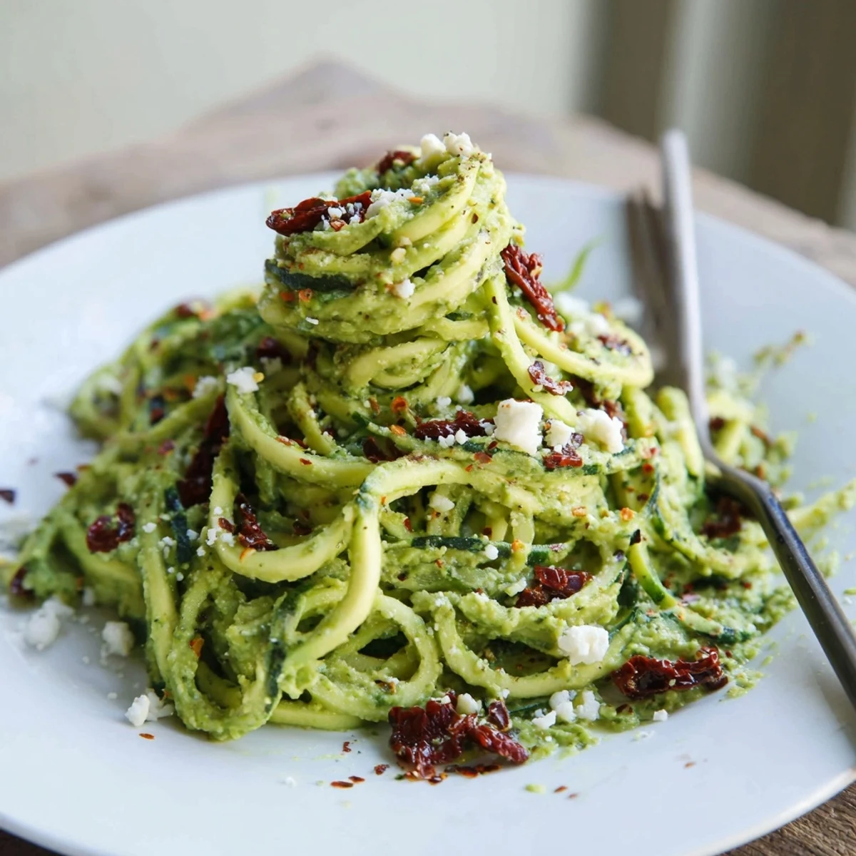 Creamy avocado pesto clings to tender zucchini noodles, topped with toasted pine nuts and a sprinkle of feta cheese, creating a rich and satisfying low-carb pasta alternative.
