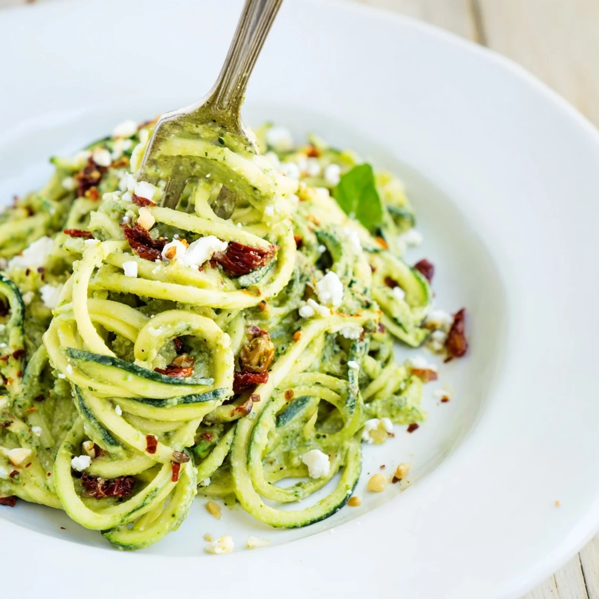 Sautéed zucchini noodles served in a shallow bowl with colorful toppings like sun-dried tomatoes and red pepper flakes, ready to enjoy as a fresh, international-style vegetarian main dish.