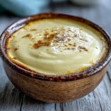 Hojicha pastry cream spooned into cream puffs, dusted with powdered sugar on a rustic wooden board, ready to serve.