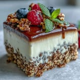 Creamy Hojicha Panna Cotta Parfait layered with fresh berries and crunchy granola in a glass.