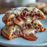 Cadbury Egg Stuffed Chocolate Chip Cookies with gooey creme egg centers on a cooling rack.